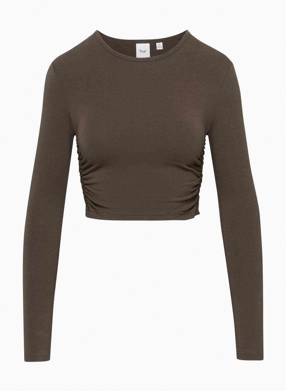 TNA Chill Malibu Cropped Top Rich Mocha Brown Crew Neck Long Sleeve Women's S